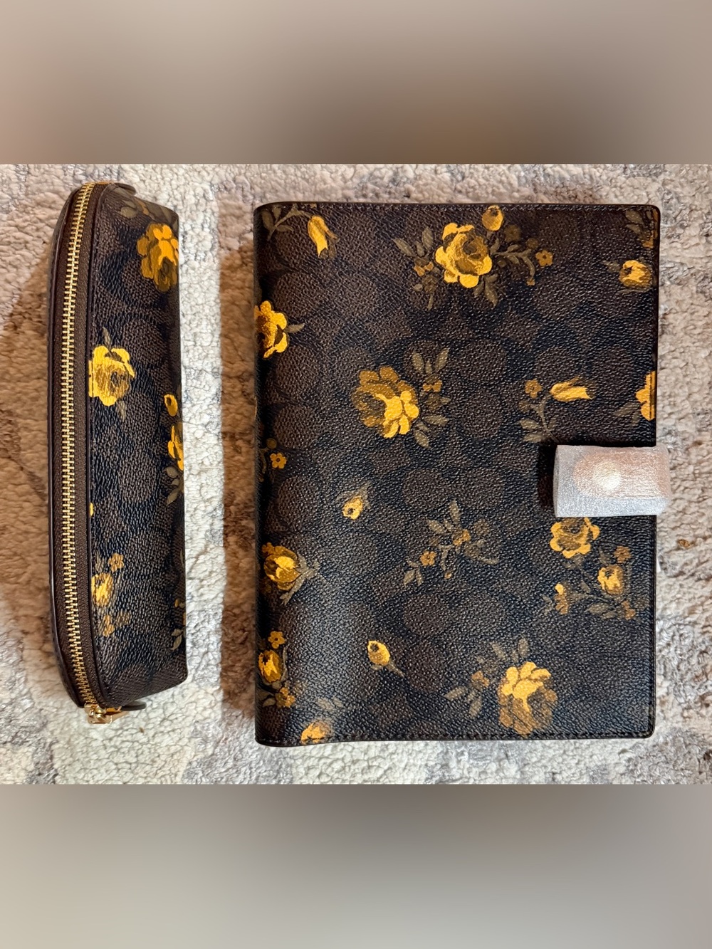 Coach Black Floral Zip-Around Notebook Cover with Pouch